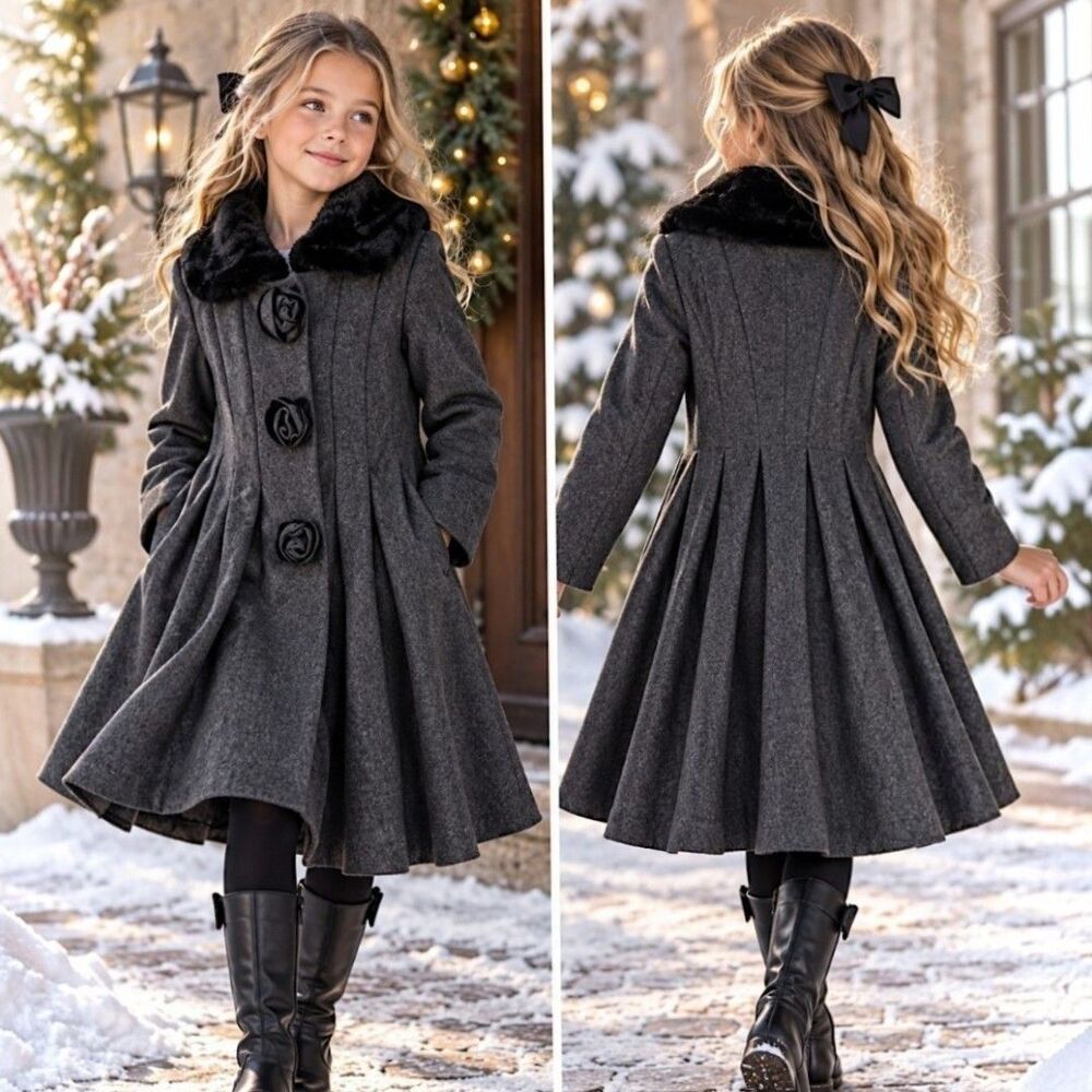 Rothschild Y2K Formal Girls Sz 8 Wool Blend Long Winter Coat Gray Fur Wedding